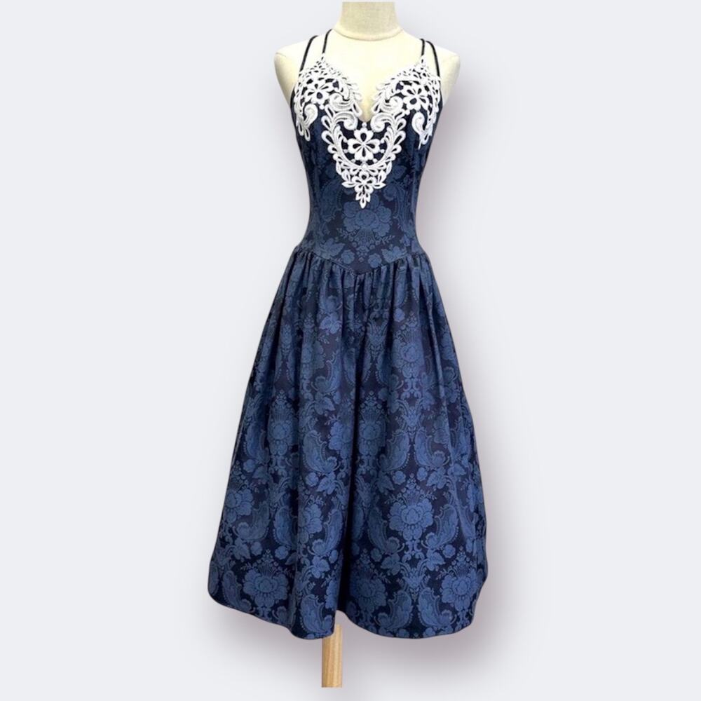 Gunne Sax vintage 80s navy brocade tea length formal/party dress size 7/8